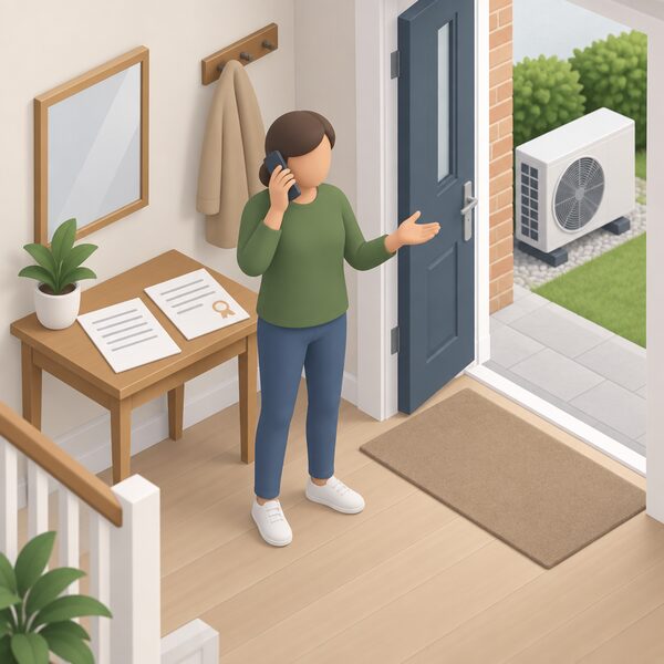 A householder in a home hallway holding a phone to their ear while making a complaint, with a small table beside them holding a paper contract and certificate as plain documents with blank lines, and a heat pump visible outside an open front door.