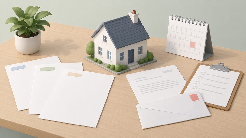 A small model house sits on a table beside a fan of three blank quote sheets, a council notification form with a stamped envelope, a calendar and a clipboard, suggesting the paperwork a householder gathers before signing with an installer.