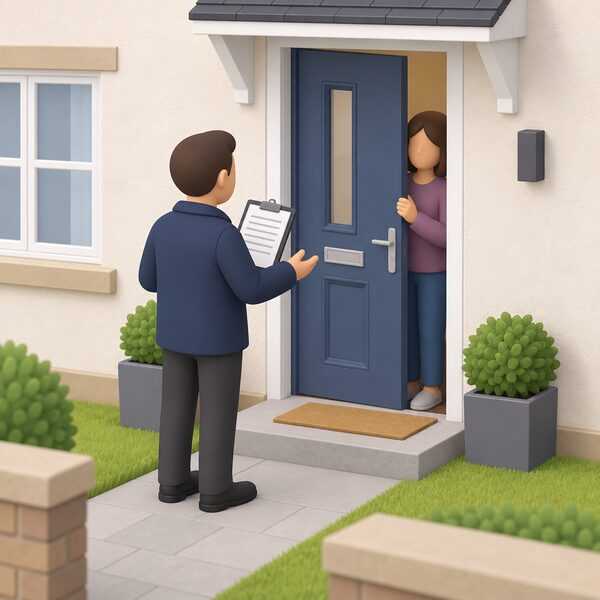 A cold caller standing on the doorstep of a typical Scottish house, holding a clipboard and gesturing towards the closed front door, while a wary householder has opened the door only a little and keeps a hand on its edge.