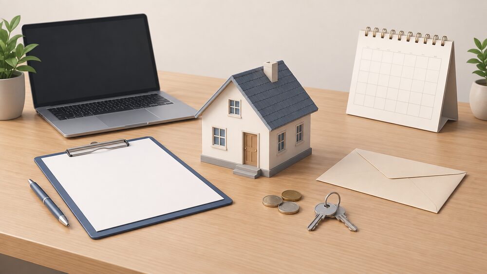 A small model of a house sits on a table beside blank application paperwork on a clipboard, a sealed envelope, a set of keys and a few coins, with a blank-screen laptop and a calendar page nearby.