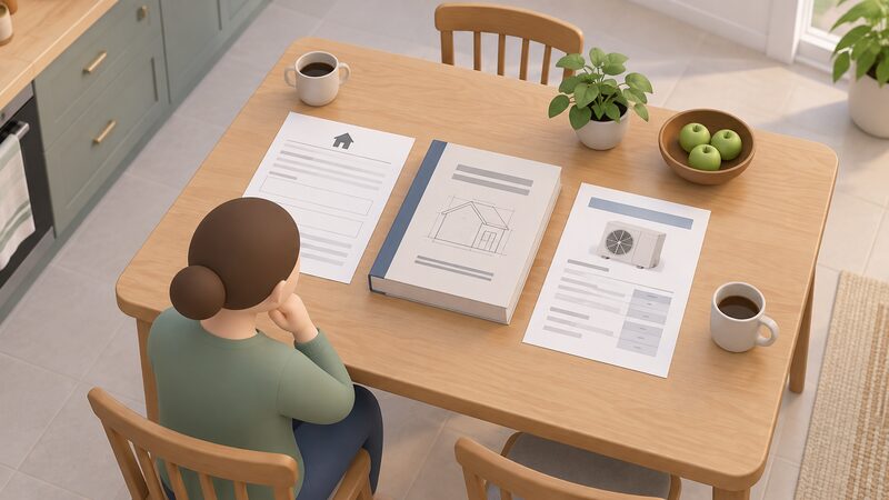 A kitchen table seen from above holding a building warrant application form with blank lines, a thick technical handbook, and a heat pump quote sheet, arranged as physical papers a household would review before submitting an application.