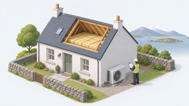 A Warmworks-approved installer, shown as a small simplified isometric figure, surveys a Scottish cottage, inspecting the loft insulation and noting the position for a new heat pump outside the wall while holding a survey clipboard.