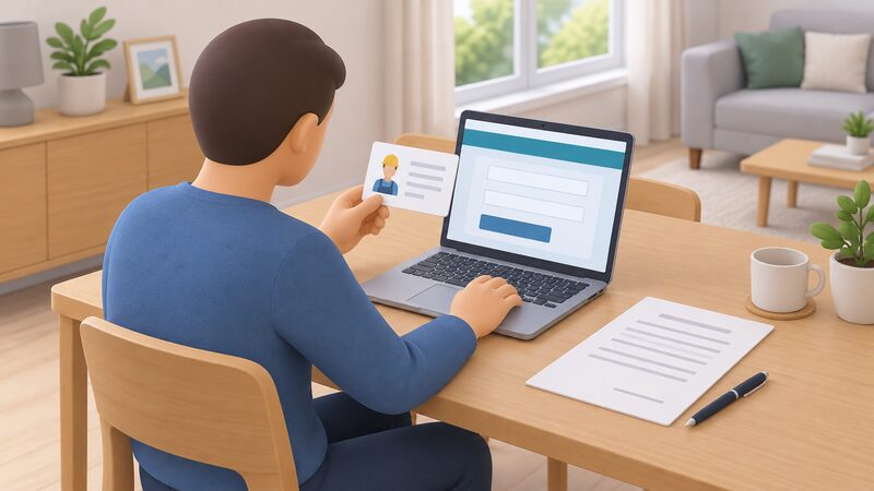 A householder at a table with a laptop showing a register search screen with blank entry fields, holding a tradesperson's card or paper bearing blank lines, checking the registration before signing a contract form lying nearby.