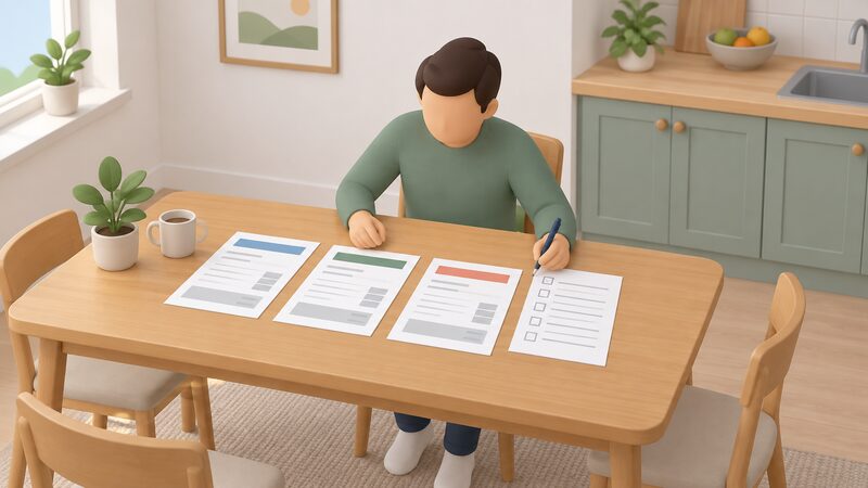 A householder seated at a kitchen table comparing three printed installation quote sheets laid side by side, with a handwritten checklist beside them, each quote showing only blank lines and plain blocks where figures and details would be.