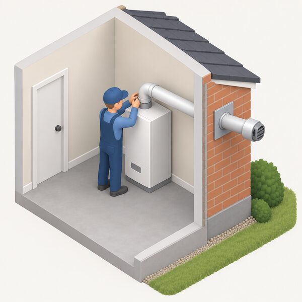 A simplified isometric cutaway of a house exterior wall showing a fuel burning appliance inside the room connected to a horizontal flue pipe that passes through the outside wall and terminates outside with a wall plate and terminal, with a small installer figure at the appliance making the connection.