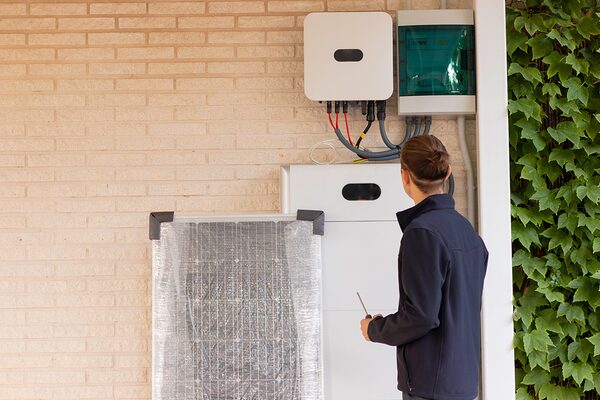 A technician inspecting a wall-mounted home battery storage unit and inverter next to a wrapped solar panel on a brick wall