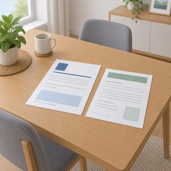 A single MCS certificate document lying flat on a domestic table in a home, drawn as a physical sheet with blank lines and plain colour blocks, beside it a separate workmanship warranty sheet, with no people present.