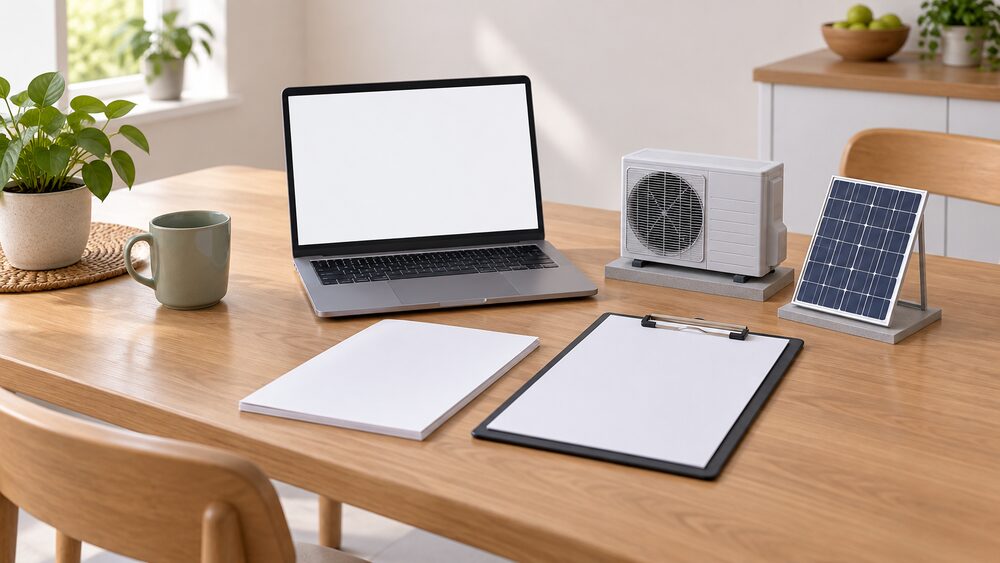 A kitchen table in daylight holds a laptop with a blank screen, a blank application form and a clipboard beside a small model of an air source heat pump and a small model solar panel, representing a household checking an installer's registration before signing a contract.
