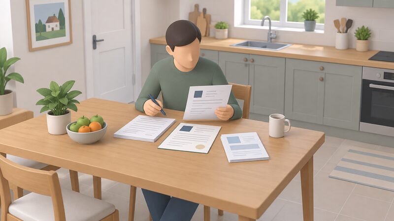 A householder sits at a kitchen table in a UK home, spreading out and reading a small certificate document and a stack of handover paperwork, with a pen in hand, checking the documents against the finished installation work.