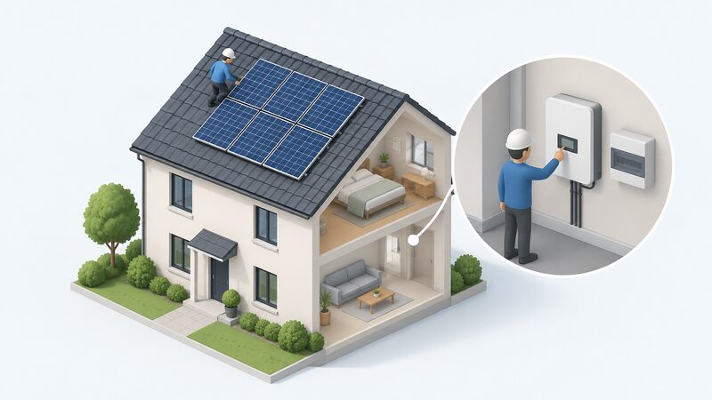 A small isometric figure of an installer on a house roof checking a rooftop solar PV panel array, with a second view of the inverter mounted indoors on a wall near the consumer unit, its readout shown as a plain blank display, commissioning the installation.