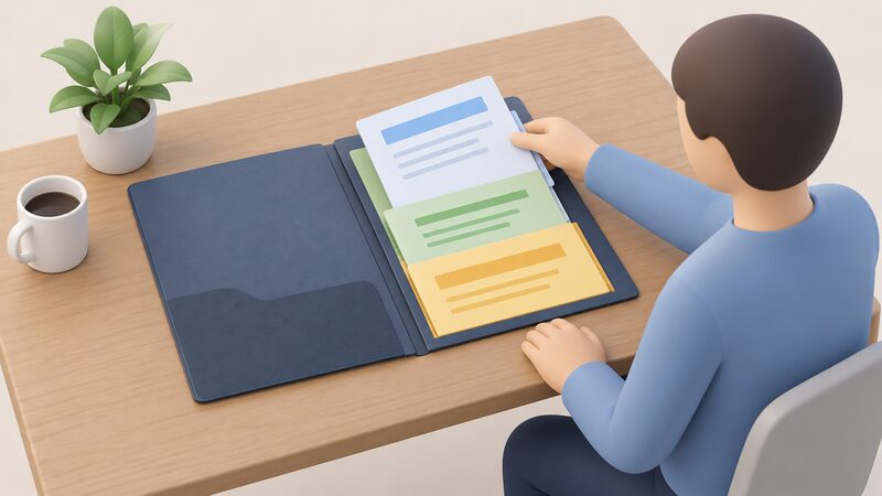 A householder's document folder lying open on a table, holding an insurance certificate, a guarantee certificate and a handover pack as separate labelled-by-colour documents, with a simplified figure's hand placing the insurance certificate on top of the stack.