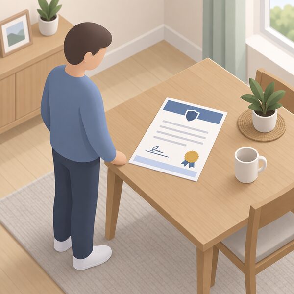 A signed insurance backed guarantee certificate lying on a table in a home, drawn as a physical document with a signature line, plain colour bands and blank lines, with a simplified householder figure standing beside the table holding or viewing it.