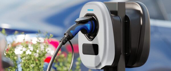 A wall-mounted EV charge point with a blue charging cable plugged in, outdoors in front of a blurred car
