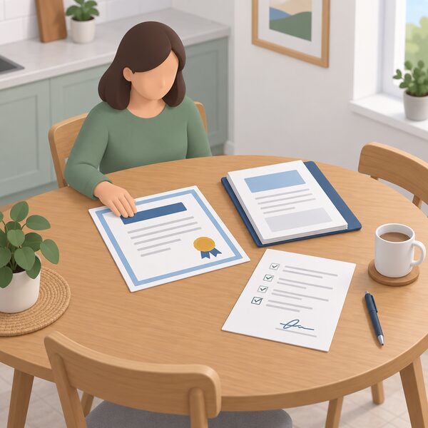 A kitchen table in a home with an insurance backed guarantee certificate and a handover pack of documents laid out side by side, one sheet showing a completed and signed checklist, all contents rendered only as blank lines and plain colour blocks, with a simplified householder's hand resting on the certificate.
