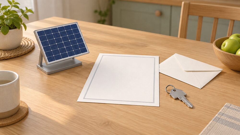 A small model of a rooftop solar panel stands on a kitchen table beside a blank certificate document, a house key and a plain envelope, suggesting the paperwork a household keeps safe after a renewable installation.