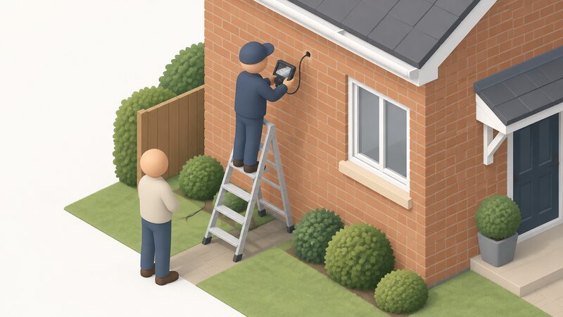 A simplified isometric CIGA technical inspector stands on a ladder at the external brick wall of a house, examining cavity wall insulation through a small drilled inspection hole using a borescope with a handheld screen, while the householder watches from the ground.
