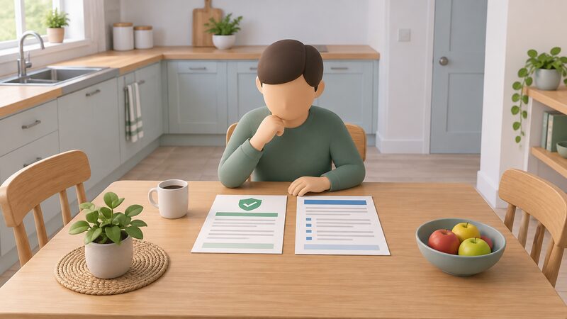 A householder sits at a kitchen table reading two paper documents, an insurance-backed guarantee certificate and a policy schedule, laid out side by side with their contents shown only as blank lines and plain colour bands.