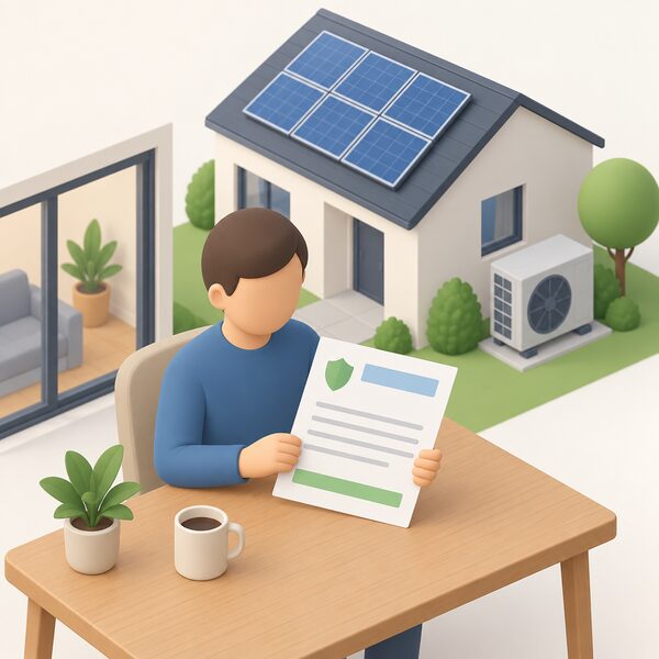 A paper insurance certificate lying on a table in a home, its content shown only as blank lines and plain colour bands, beside a small simplified figure of a homeowner holding or reading it, with a solar panel and heat pump suggested in the background to show the installation the cover protects.