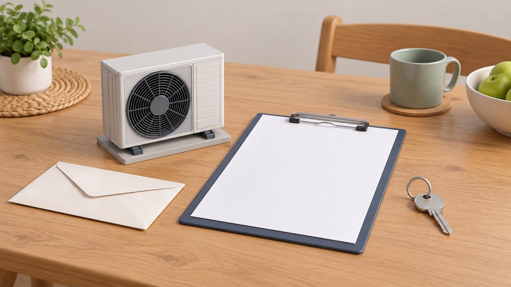 A small model of an air source heat pump fan unit stands on a kitchen table beside a blank insurance certificate on a clipboard, a closed envelope and a house key, representing the paperwork that protects a completed installation.