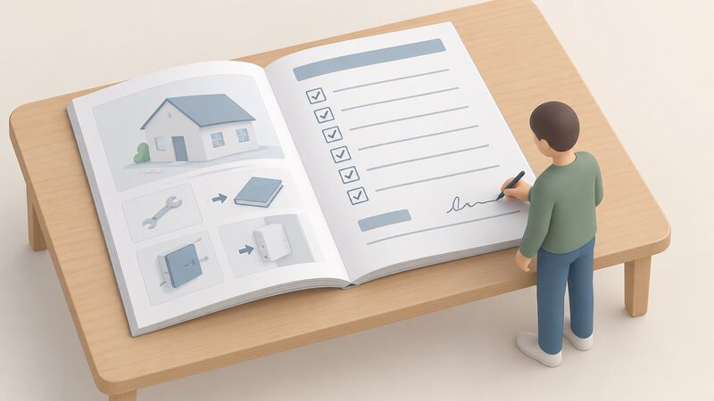 An open installation manual lying on a table with its inside back page showing a completed Benchmark Checklist of blank-line entry fields and a householder's signature line, beside a small isometric figure of the householder holding a pen having just signed it.