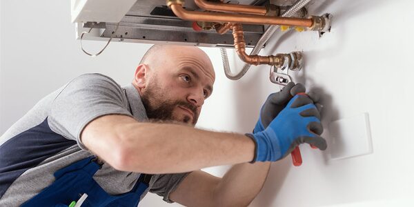 An engineer in blue overalls and gloves using a spanner to service a wall-mounted gas boiler with copper pipework