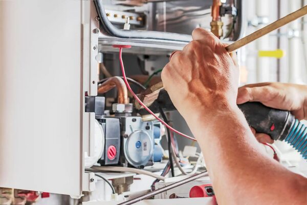An engineer's hands using a screwdriver to repair the internal components of a wall-mounted gas boiler