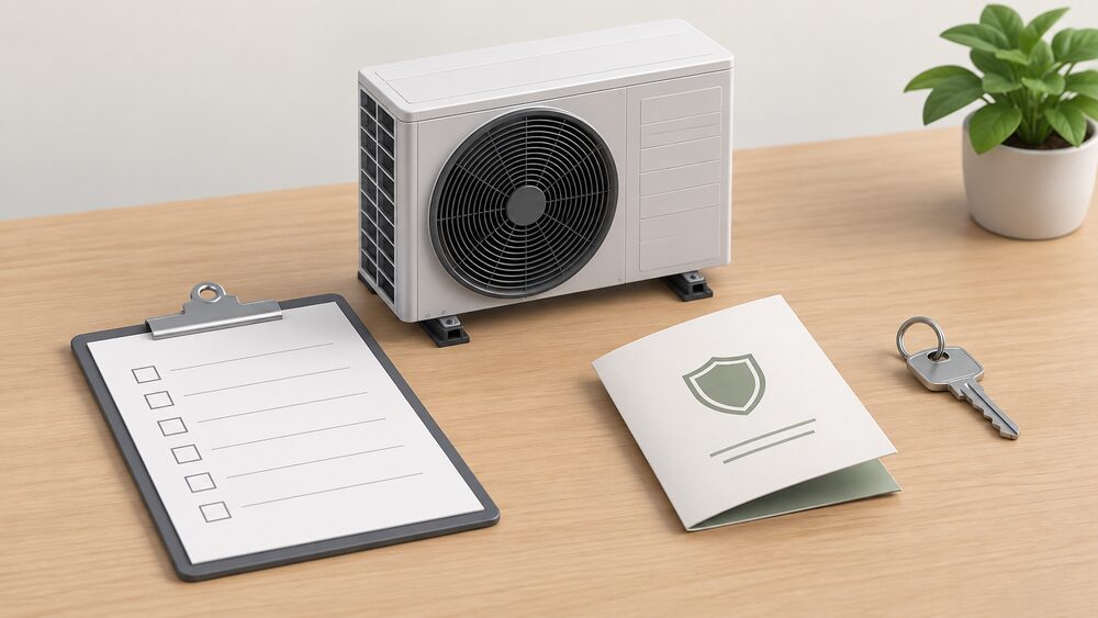 A small model of an air-to-water heat pump outdoor fan unit stands on a table beside a blank commissioning checklist document on a clipboard, a folded guarantee certificate and a house key, arranged as the paperwork moment after a manufacturer-approved installation.