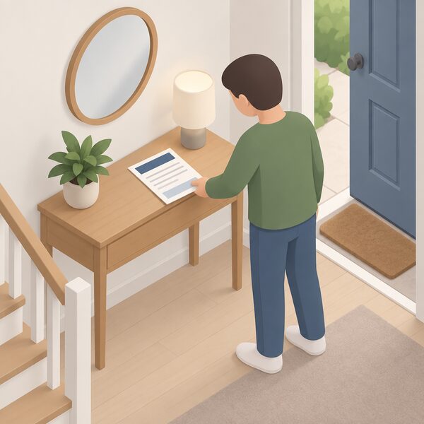 A single paper MCS certificate document lying flat on a hallway table in a home, arriving post beside it, with a simplified householder figure reaching to pick it up, the certificate shown with blank lines and plain colour bands carrying no readable words or numbers.
