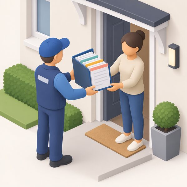 An installer handing a thick folder of documents to a householder at the home's front door after completing an installation, the folder open slightly to show stacked instruction manuals, guarantee sheets, safety guidance pages and certificates as plain printed sheets with blank lines and colour bands.