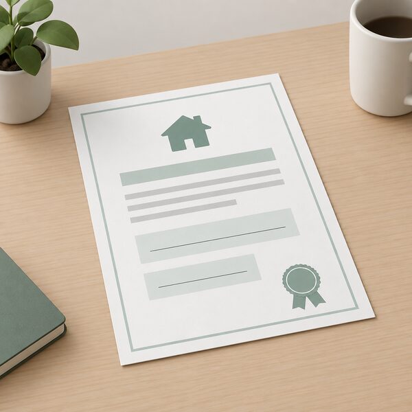 A single paper MCS certificate lying flat on a table, shown as a physical document with blank ruled lines where the site address and commissioning date would appear, nothing on it readable, conveying that its details are fixed once issued.