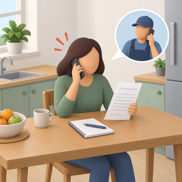 A householder at a kitchen table telephoning their installer to raise a complaint, holding a paper installation handover pack with blank lines, a pen and notes beside them, the phone call showing the installer as the first point of contact.