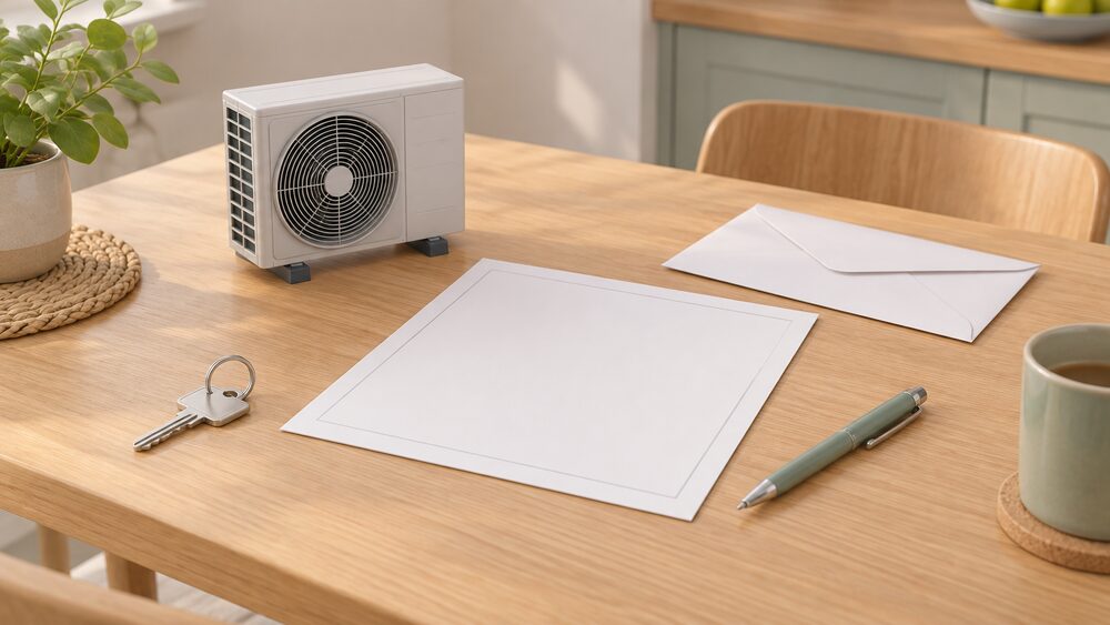 A small model of an air source heat pump fan unit stands on a kitchen table beside a blank certificate document, a sealed envelope, a house key and a pen, arranged as the moment a householder checks the paperwork that arrived after the installation was completed.