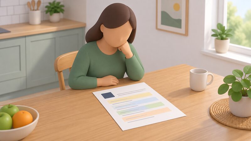 A printed MCS certificate lying on a kitchen table in front of a householder, with blank-line fields for the property address, product, commissioning date and estimated annual generation each marked by a plain highlight band, nothing readable printed on it.