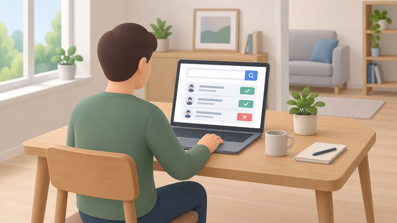 A householder at a table at home using a laptop showing a plain search screen with blank entry fields and a simple results list, checking an installer's certification status.