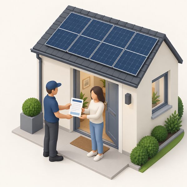 An installer in plain clothing handing a paper certificate document to a householder at the doorstep or hallway of a home with a completed rooftop solar panel installation, the certificate shown as a physical sheet with blank lines and plain colour bands and no readable content.