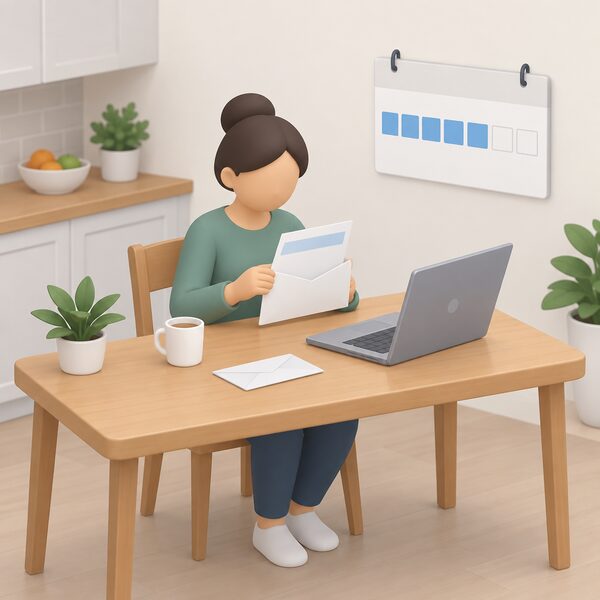 A simplified isometric householder at a kitchen table opening an envelope marked only by a plain letterhead band, with a calendar on the wall showing a short span of days and a laptop open beside them ready to reply by email.