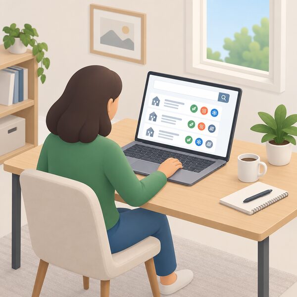A householder at a home desk using a laptop showing the Find an Installer search tool, with a plain results screen listing certified businesses and simple technology markers, checking an installer before hiring.