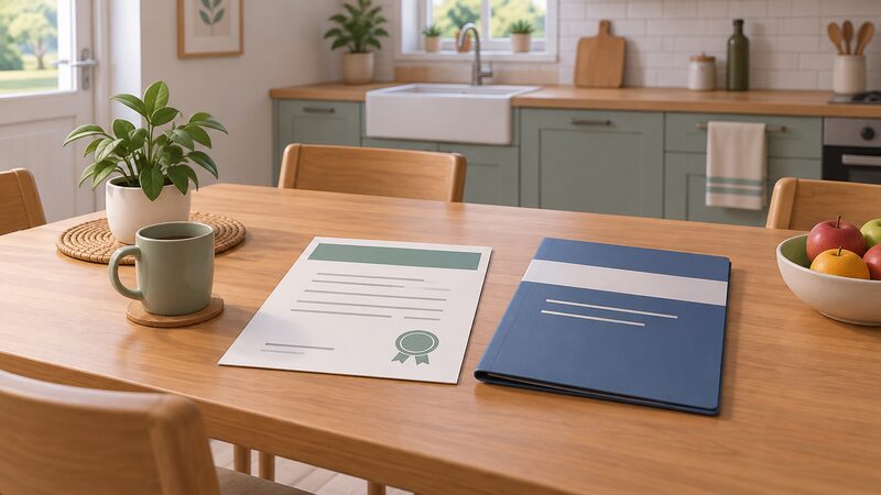 A printed certificate lying on a kitchen table beside a handover folder, both shown as physical documents with blank lines and plain colour bands instead of readable content, in a domestic kitchen setting.