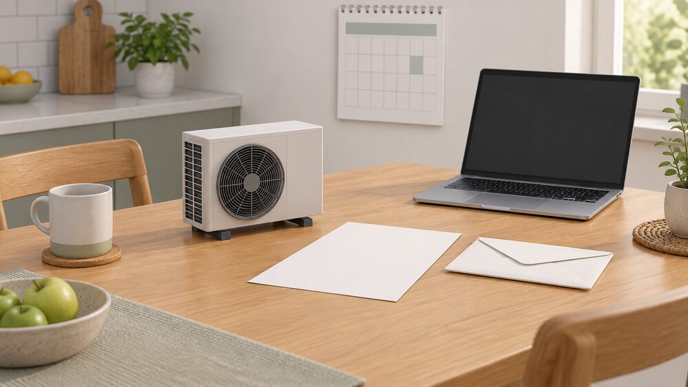 A small model of an air source heat pump stands beside a blank certificate sheet and a sealed envelope on a kitchen table, with a wall calendar and a laptop showing a blank screen behind them.
