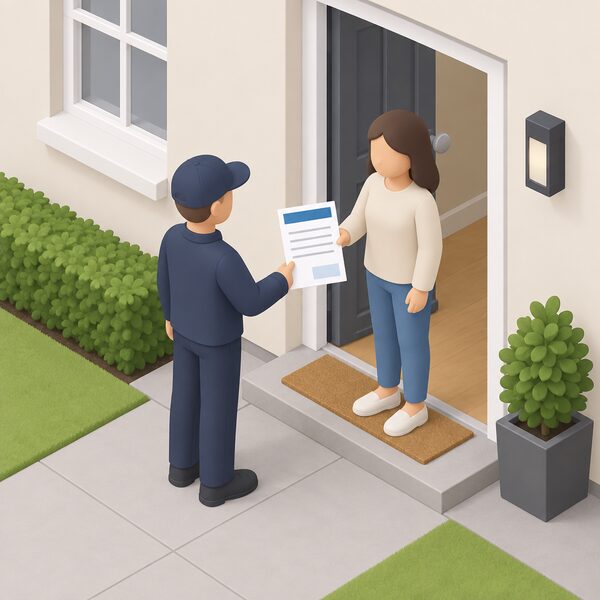 A simplified isometric installer figure in plain clothing hands a printed certificate document to a householder at the doorstep of a completed home installation, the certificate shown as a physical sheet with blank lines and plain colour bands carrying no readable words or numbers.