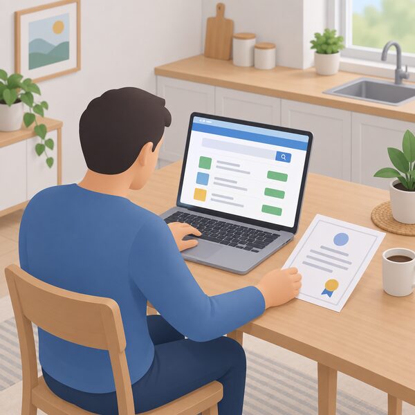 A person at a kitchen table using a laptop whose screen shows a simplified installer search page with plain colour blocks and blank lines, checking a printed company certificate lying beside the laptop.