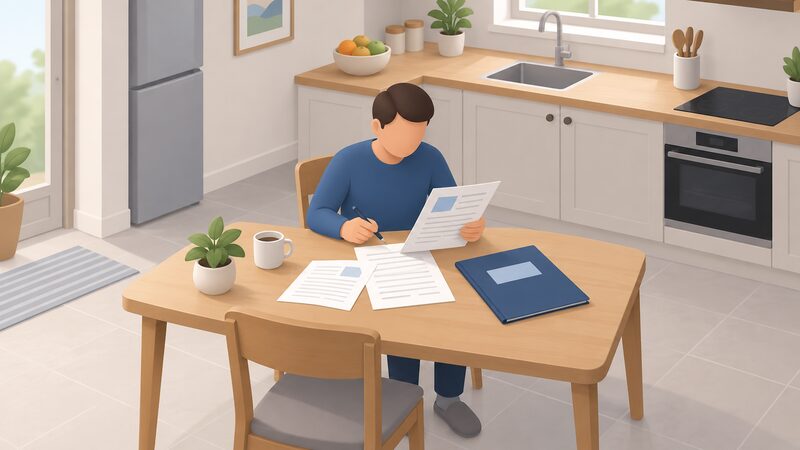 A householder seated at a kitchen table reviewing an MCS certificate sheet and a handover pack folder, papers spread out with a pen in hand, checking the documents in a home setting.