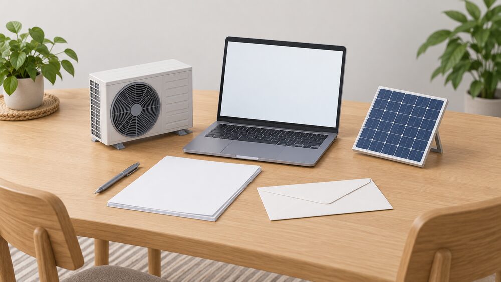 A kitchen table with blank paperwork, a plain envelope and a laptop with a blank screen, beside a small model of an air source heat pump unit and a small model solar panel, representing a householder checking an installer's certification before signing.