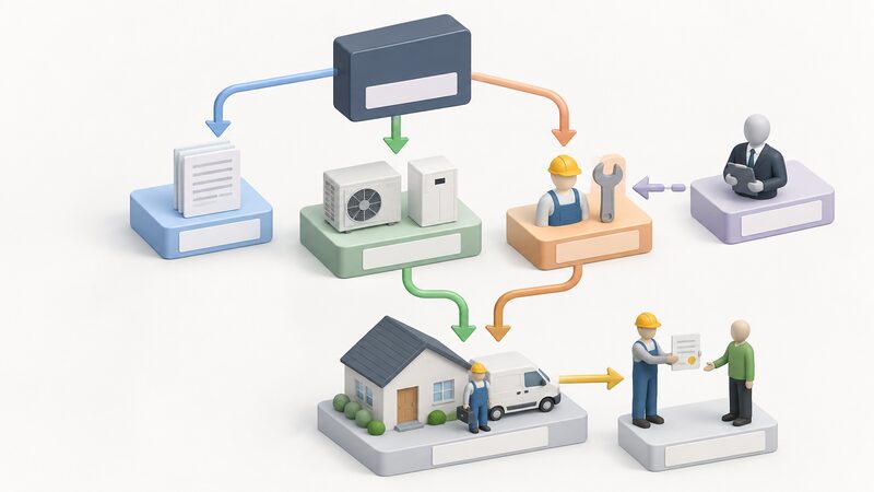 A simplified flow diagram with a central MCS block at the top linking down to a standards block, a certified products block, and an installation company block audited by a certification body, with an arrow from the installer to an installation certificate held by a small householder figure.