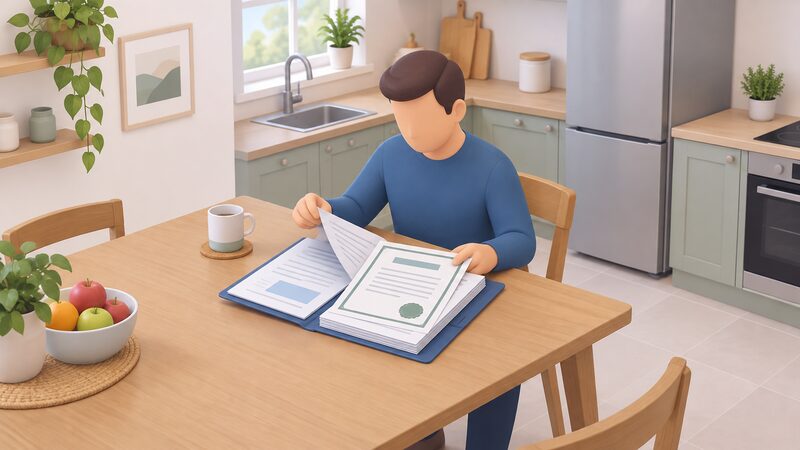 A householder sits at a kitchen table leafing through an open folder of handover documents, with a certificate sheet lying on top of the papers, the folder's contents shown only as blank lines and plain blocks.
