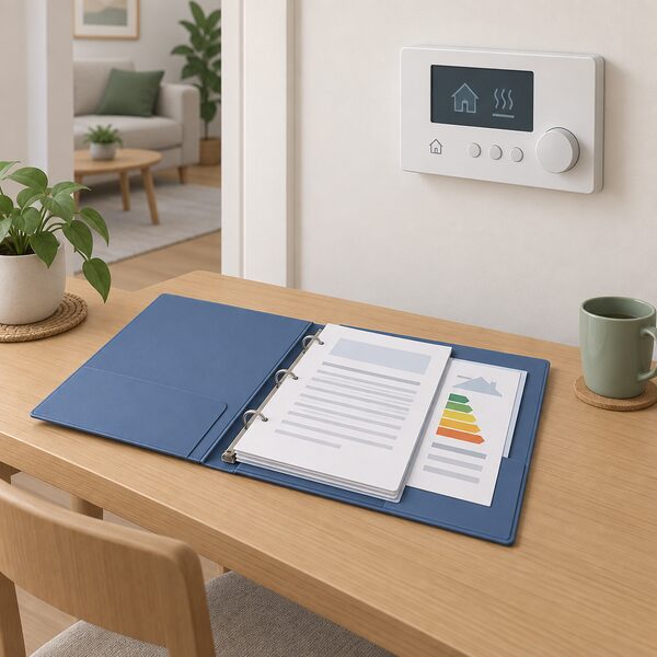 A closed ring-binder folder of handover documents lying on a domestic table beside a wall-mounted heating system control panel, with blank-lined document sheets and a performance estimate sheet tucked inside the folder, in a plain home interior.