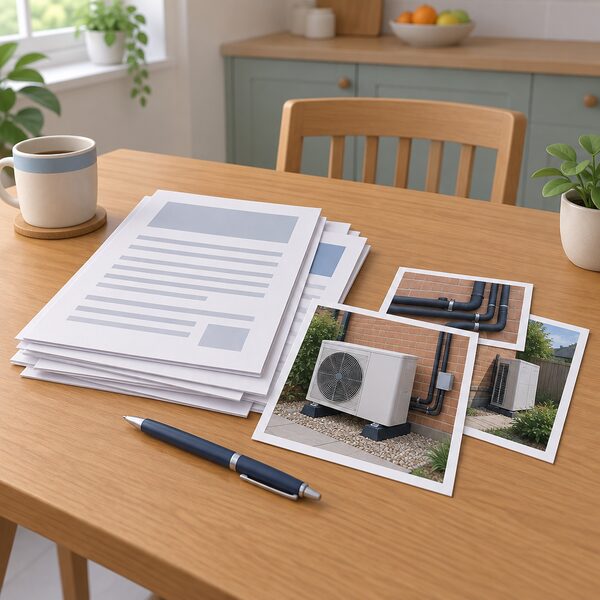 A kitchen table with a householder's gathered evidence: a stack of printed documents and certificates, a small pile of printed photographs of the installed heat pump and its pipework, and a pen, arranged together as a complaint evidence pack.