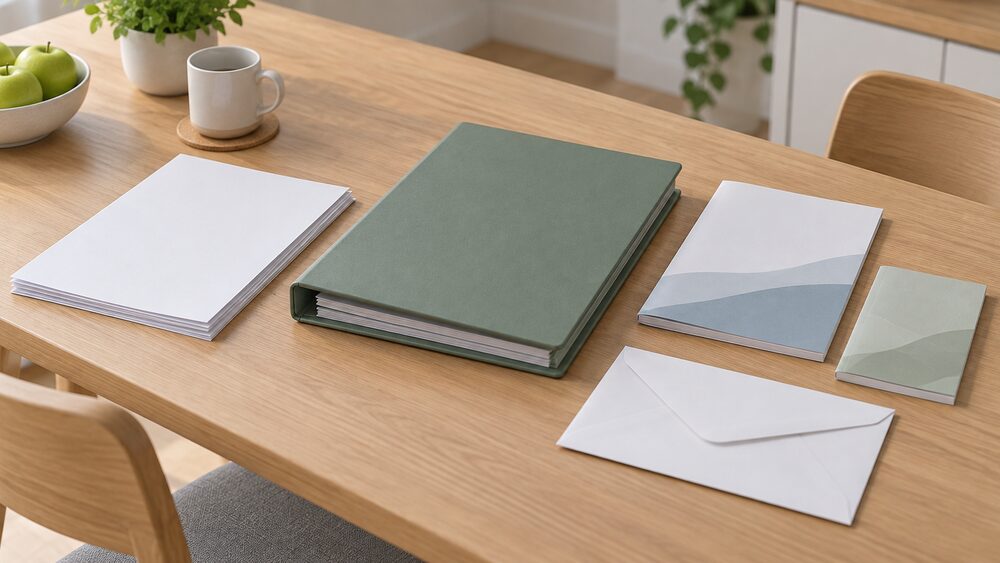 A closed document folder lying on a kitchen table beside a stack of blank paperwork, a manufacturer's instruction manual, a guarantee booklet and a plain certificate envelope, arranged as the bundle of handover documents a household is left with after a renewables installation.