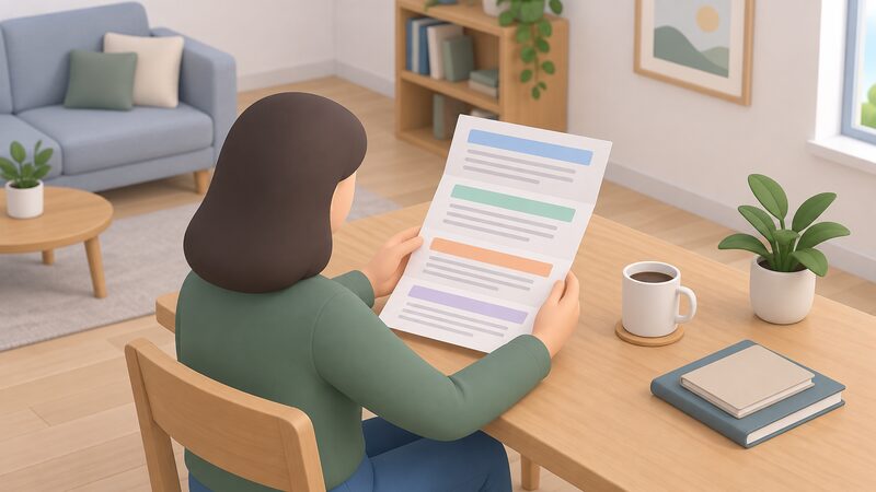 A printed outcome letter lying on a table in a home, held open by a simplified householder, its pages showing plain colour bands and blank lines standing in for the summary of the complaint, the investigation details, the final decision and the escalation route.