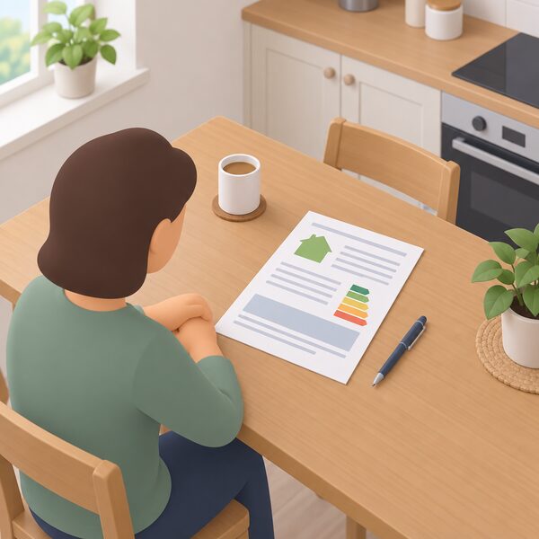 A printed performance estimate document lying on a kitchen table beside a householder's hands, drawn as a physical paper sheet with blank lines and plain colour blocks standing in for its content, with a pen resting nearby.
